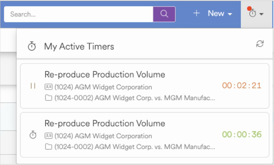 Active timers for production volume from AGM Widget Corporation and MGM Manufacturing.